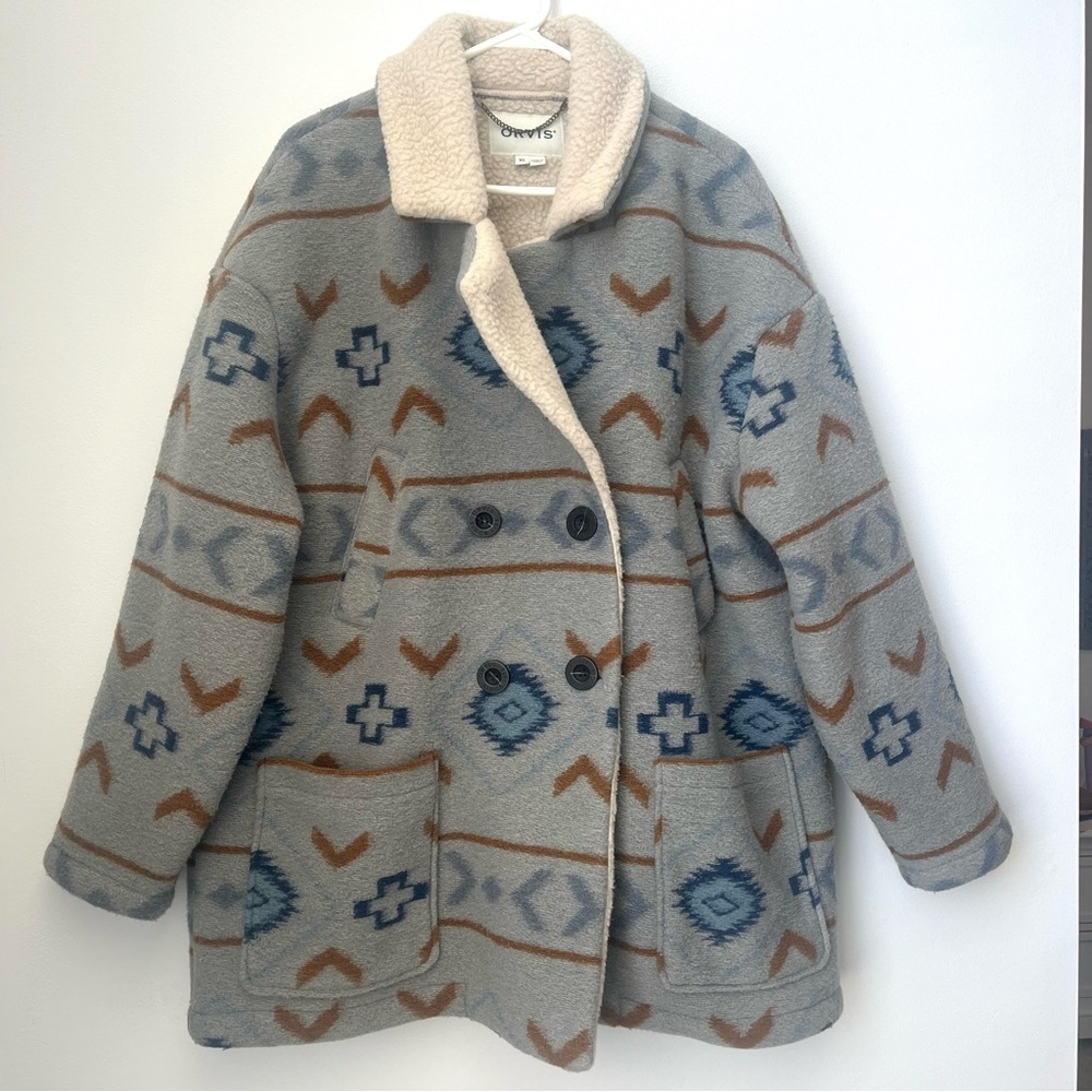 Orvis Aztec Patterned Sherpa Collar Jacket Wool Blend Size XL